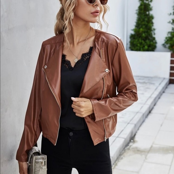Jackets & Blazers - Vegan leather Moto motorcycle jacket brown